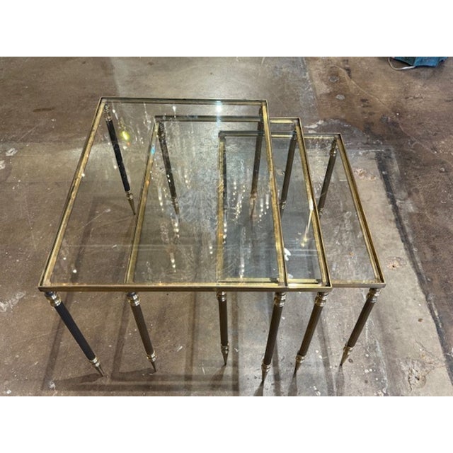 Set of Three Vintage French Brass and Glass Nesting Tables For Sale - Image 4 of 4