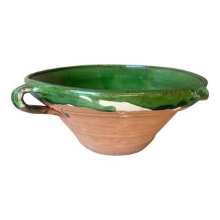 French Double Handled & Spouted Confit / Tian Bowl, Green, France For Sale