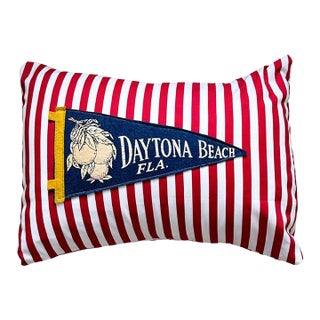 Florida Daytona Beach Vintage Blue Pennant on New Woven Red and White Striped Throw Pillow For Sale