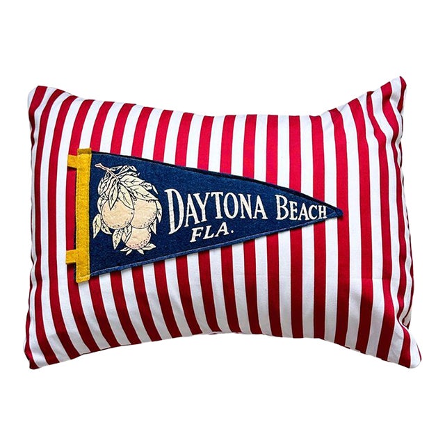 Florida Daytona Beach Vintage Blue Pennant on New Woven Red and White Striped Throw Pillow For Sale