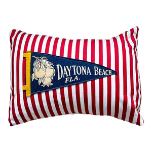 Florida Daytona Beach Vintage Blue Pennant on New Woven Red and White Striped Throw Pillow