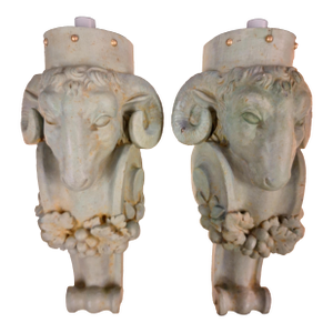 Pair of Antique Stucco and Wood Architectural Rams Head Scones