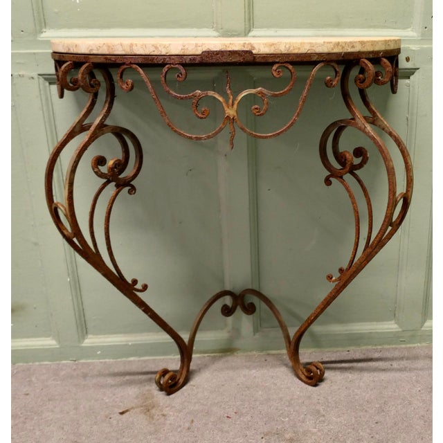 Rustic French Wrought Iron Marble Console Table For Sale - Image 4 of 7