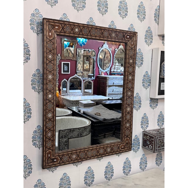 Art Deco Vintage Marquetry Wood Inlay Mirror With Mother-of-Pearl Accents For Sale - Image 3 of 6