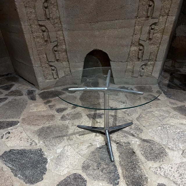 AMBIANIC presents 1970s Modern Aluminum Tripod Side Table Round 15.25 h x 23.5 diameter base 16 diameter Original...