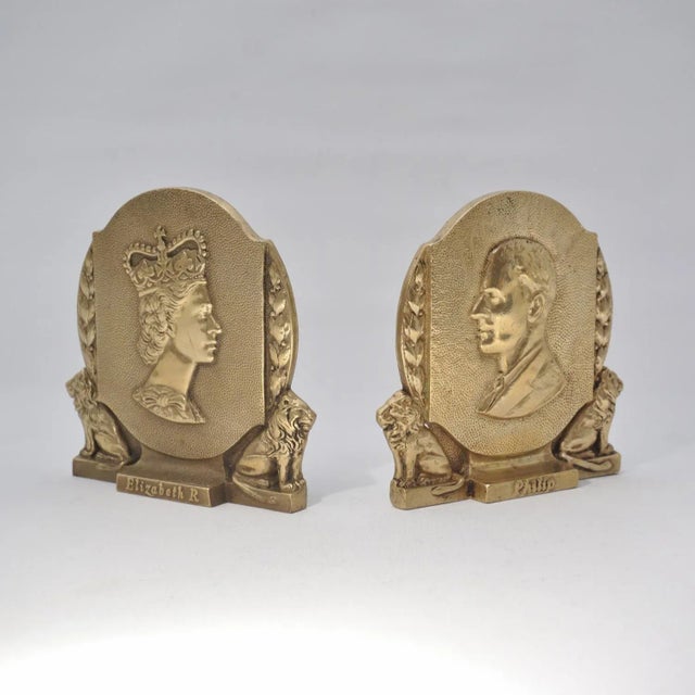 Vintage Queen Elizabeth II & Prince Philip Coronation 1953 commemorative pair bookends, gilt bronze, English. These...
