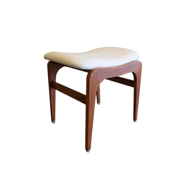 Wood Vintage Stool in Linen-Colored Leather, 1960s For Sale - Image 7 of 8