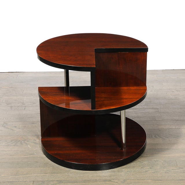 Art Deco Machine Age 3-Tier Walnut Occasional Table With Chrome Rod Supports For Sale - Image 11 of 15