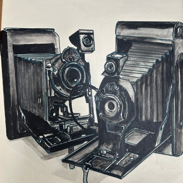 Contemporary original still life painting of vintage cameras by Stephen Heigh. Signed and framed. Measures approximately...