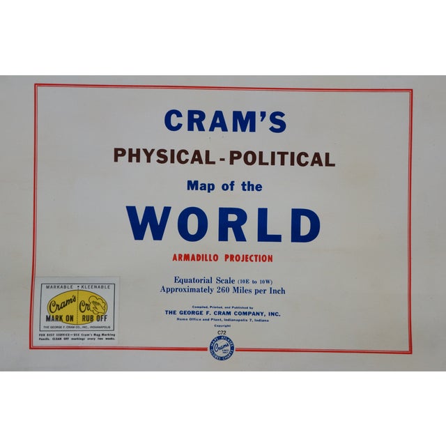Blue Mid Century Cram's Physical Political World Pull Down Map Classroom Wall Map 64" For Sale - Image 8 of 18