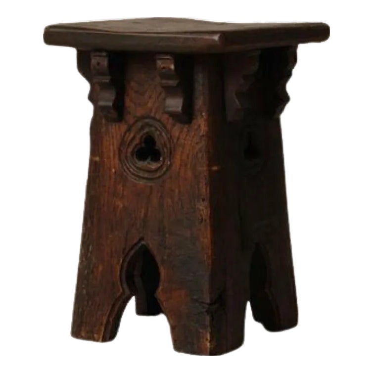 19th Century French Oak Neo Gothic Stool | Chairish
