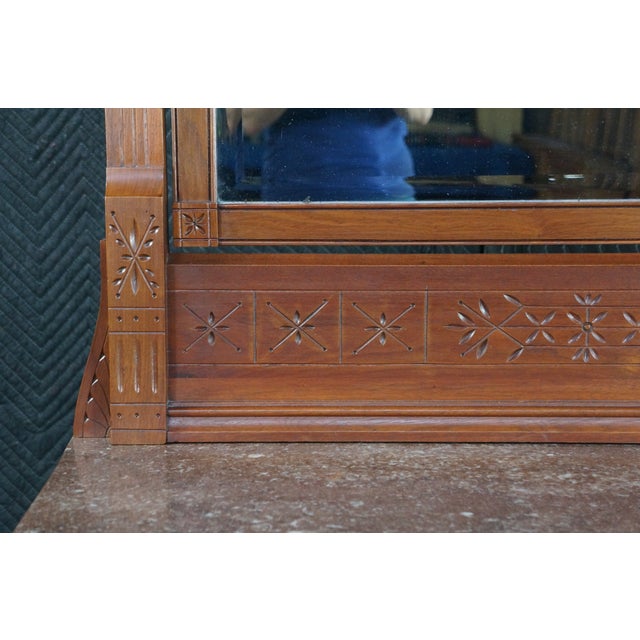 Antique Victorian Eastlake Walnut Burl Marble Top Dresser & Mirror Vanity Chest For Sale - Image 4 of 15
