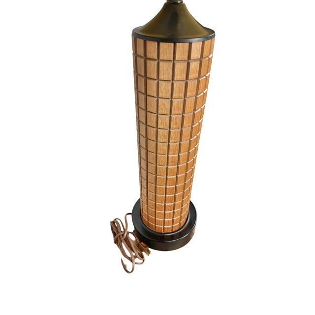 Textile Mid-Century Geometric Table Lamp With Textured Column and Drum Shade For Sale - Image 7 of 9