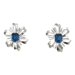 Vintage Circa 1965 Signed Trifari Rhodium Plated Faux-Sapphire Earrings - 2 Pieces