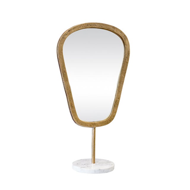 2020s Matthew Izzo Home Micah Small Aged Gold Table Top Mirror on Marble Pedestal Stand For Sale - Image 5 of 5