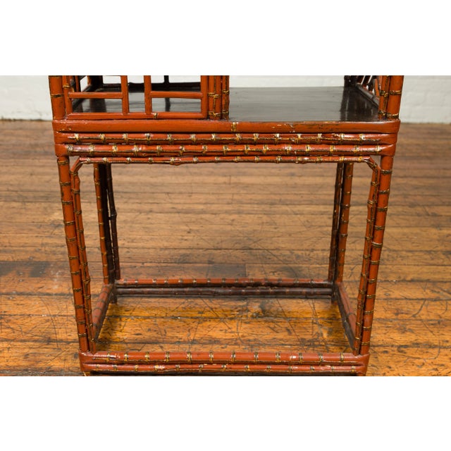 Vintage Lacquered Chinese Tiered Bamboo Lamp Table with Geometric Motifs For Sale - Image 11 of 13