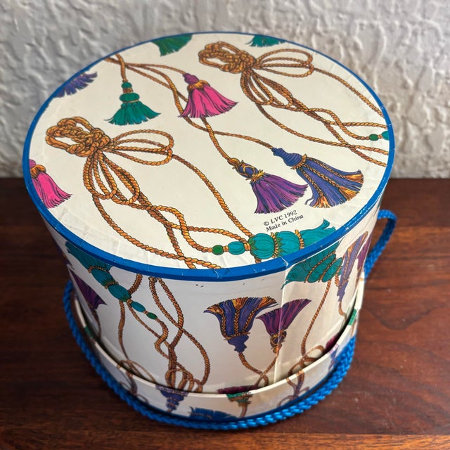 Textile 1990s Hat Box With Tassel Motif For Sale - Image 7 of 10