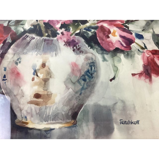 Vintage Signed S. Ritchkoff Watercolor Still Life – Vase of Flowers. For Sale In New York - Image 6 of 7