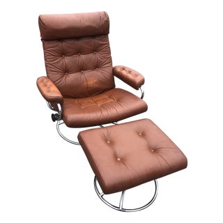 Vintage Ekornes Leather Stressless Recliner and Ottoman For Sale