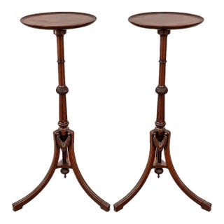 Mid Twentieth Century Solid Wood Regency Style Tall Pedestal Display Plant Stands With Mahogany Finish, Pair For Sale