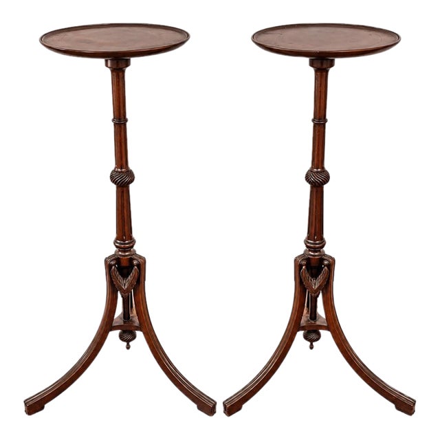 Mid Twentieth Century Solid Wood Regency Style Tall Pedestal Display Plant Stands With Mahogany Finish, Pair For Sale