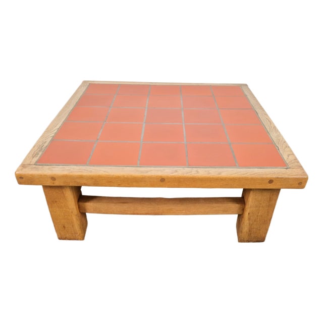Brutalist Oak Coffee Table with Terracotta Tiles, 1950s For Sale