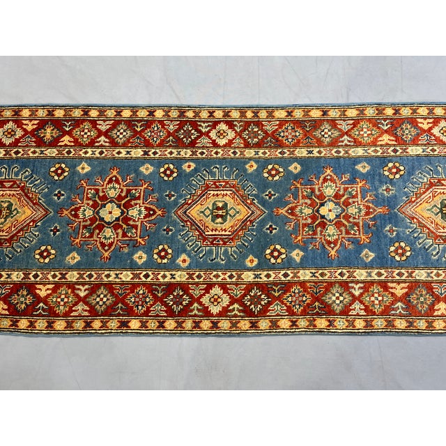 Blue and Rust Red Kazak Wool Runner Rug, Tribal Hallway Rug, 2'6" X 10'6" For Sale - Image 4 of 17