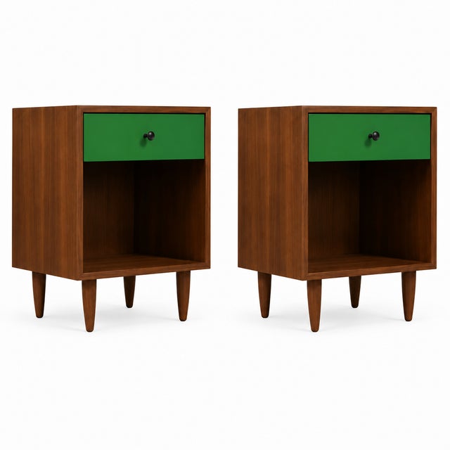 Mid century modern 2 tone walnut stands. Stands are in excellent condition. The stands are in manner of Glenn of...
