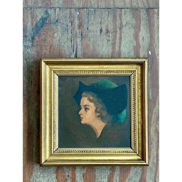 Mid-Century Modern Vintage Lady in Hat Oil Painting For Sale - Image 3 of 13