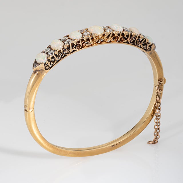 Late 19th Century Antique Victorian Opal Diamond Bangle Bracelet 14k Yellow Gold Fine Jewelry For Sale - Image 5 of 8