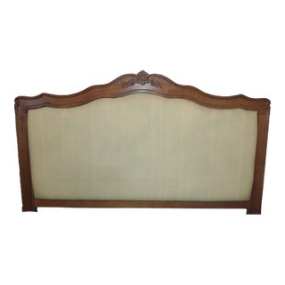 French Provincial Carved Wood & Upholstered Queen Headboard For Sale