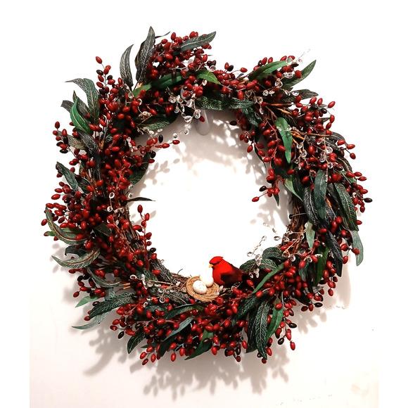 Winter Berries Door Wreath Realistic Red Cardinal‎ Egg Nest Holiday Ice Crystals For Sale - Image 12 of 15