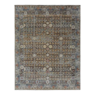 Rug & Kilim’s Modern Block Print Rug in Brown and Blue with Geometric Florals - 8x10 For Sale