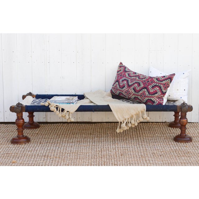 Long Blue & White Woven Charpai Bench For Sale - Image 10 of 10