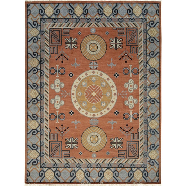Amber 10x14 Jade Traditional Coral Geometric Medallion Hand Knotted Wool Carpet Rug For Sale - Image 8 of 8