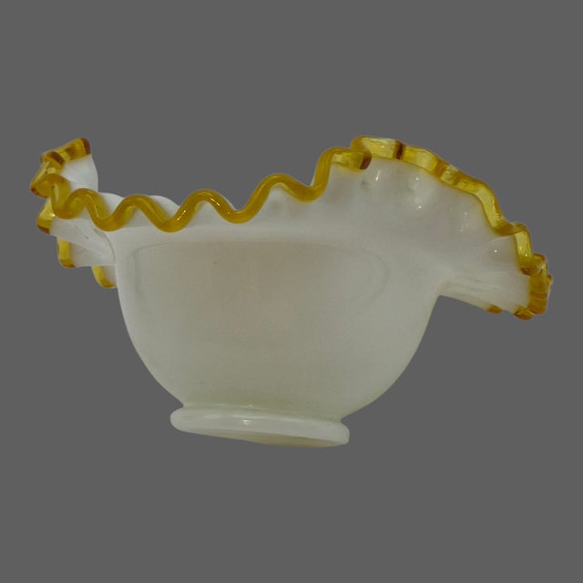 Glass Vintage Fenton Milk-Glass Crimped Ruffled Amber Yellow Edge Candy Dish Bowl For Sale - Image 7 of 9