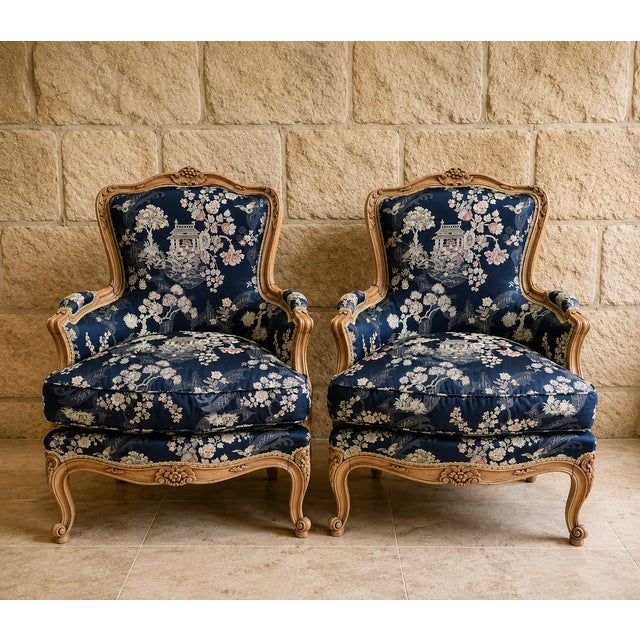 Louis XV Bergère Armchairs with Japonisme Tapestry, Set of 2 For Sale - Image 5 of 5