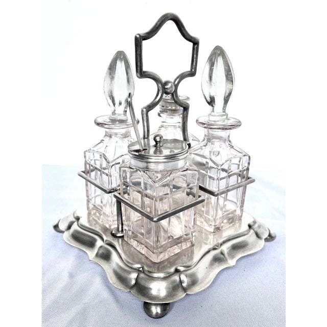 Victorian Late 1800s Victorian Silver and Cut Crystal Cruet Set With Carrier For Sale - Image 3 of 14