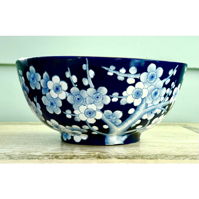 Blue Chinese Cherry Blossom Bowl on a Wooden Stand For Sale - Image 8 of 11