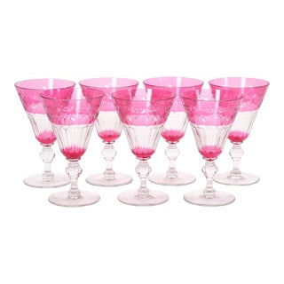 Val Saint Lambert Ruby Cut Crystal Champagne Coupe Service / 7 People For Sale