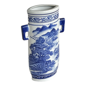 Vintage Blue & White Chinoiserie Landscape Amphora Vase With Double Handles, China Mid-Century
