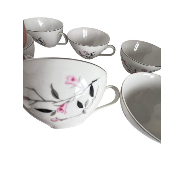Mid-Century Modern Vintage 8-Piece Set of Cherry Blossom Flat Coffee Tea Cups Sakura Pink Gray For Sale - Image 3 of 12