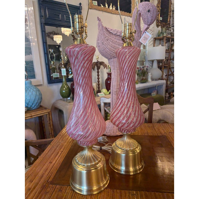 Vintage Pair Dino Martens Murano Pink Swirl Glass & Brass Table Lamps Restored For Sale - Image 12 of 12