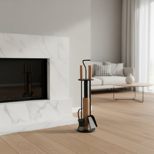 Modern Fireplace Tool Set (66cm) Matte Black & Natural Wood Handles – 4 Piece Kit For Sale - Image 4 of 10