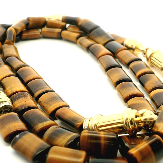 Metal 1980s Italian 14k Gold Tiger’s Eye Diamond Sautoir Necklace For Sale - Image 7 of 15