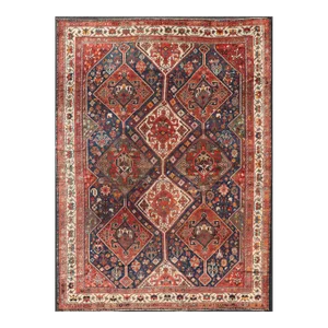 Early 20th Century Antique Persian Shiraz Rug With Diamond Medallions in Navy Blue, Red, Green & Ivory