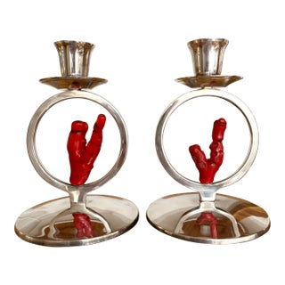 Italian Silver Red Coral Candle Holders For Sale