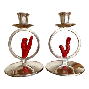 Italian Silver Red Coral Candle Holders