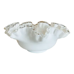 Vintage Fenton White Milk Glass Bonbon Dish Silver Crest Double Crimped Rim