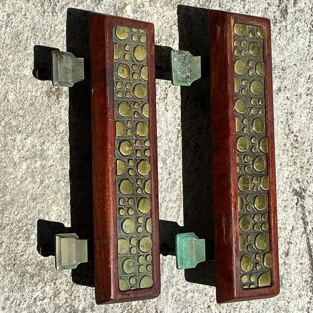 Wood Vintage Boho Mid-Century Modern Patinated Abstract Geometric Door Pulls - a Pr For Sale - Image 7 of 8